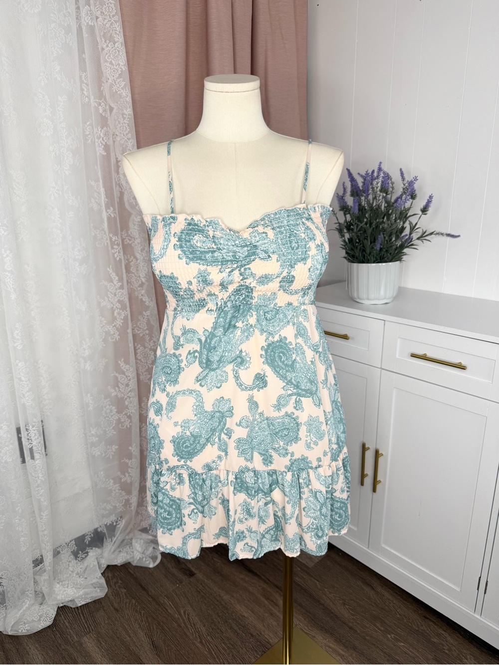 Saints and hearts Sheer Paisley Smocked Mini Dress - Cream & Teal BIN#13